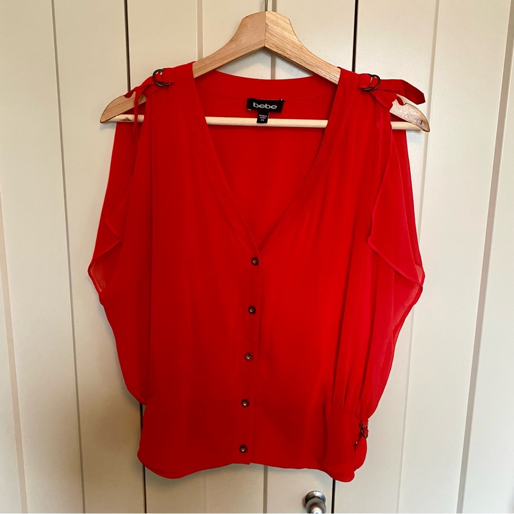 Bebe-Vivid Red, Blouse with Brass Button and Hardware Detail- Size XS